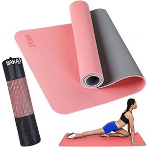 BAKAJI Tappetino Yoga in TPE Ecologioco Doppio Strato Antiscivolo Alta Densità Materassino Tappeto Allenamento Fitness Aerobica Palestra Ginnastica Dimensione 180 x 61 cm con Custodia (Rosa/Grigio)