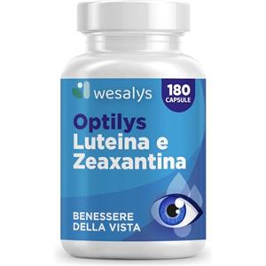 WESALYS Integratore Occhi con Luteina e Zeaxantina Alto Dosaggio,180 capsule (6 mesi di fornitura), Integratore Vista con Mirtillo Nero, Acido ialuronico, Vite Rossa, Vitamina E, Zinco, Vitamina B12. Optilys