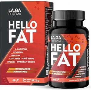 LA.GA HelloFat© Brucia Grassi Integratore con Spirulina, L-Tirosina, Arancio Amaro, Piperina, Cromo. Dimagrante, Termogenico, Drenante per Uomo e Donna, Formula Completa, 60 Capsule Made in Italy, 2 Mesi