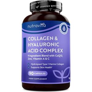 Nutravita Collagene Marino con Acido Ialuronico + Magnesio + Vitamina C + D + B12 + A + Zinco + CoQ10-90 Integratori per 3 Mesi, Piel, Metabolismo, Inmunidad (EFSA) - Nutravita