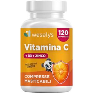 WESALYS Vitamina C D Zinco, Masticabile gusto Arancia, per Bambini ed Adulti, Vitamina C 1000mg, Vitamina D3 2000 UI e Zinco 5mg in 2 cpr, WE Salus