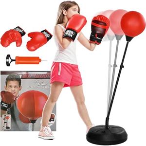 AIYAPLAY Set Punching Ball da Terra per Bambini con Guantoni, Pungiball Boxe con Altezza Regolabile da 122.5-147 cm, Età 5-10 Anni, Rosso