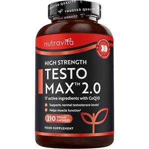 Nutravita TESTOMAX™ 2.0 Integratori per Uomo - 210 Capsule Vegane - 1450mg per Dose - - 17 Principi Attivi Tra cui Ashwagandha KSM 66®, CoQ10, Radice di Maca