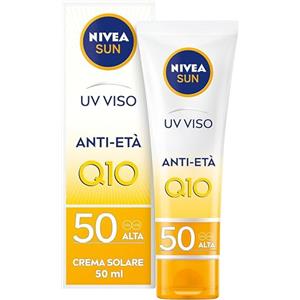 NIVEA SUN UV Anti-Età FP 50 in tubetto da 50 ml, Crema viso antirughe con Coenzima Q10, Crema solare viso 50 antimacchia e anti-età per uso giornaliero
