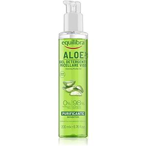 equilibra Viso, Aloe Gel Detergente Micellare Viso, Gel Detergente Viso con Aloe Vera e Aloe 3+ per Pelli Sensibili, Struccante, Rimuove Residui di Make-up e Impurità, Idratante e Tonificante, 200 ml