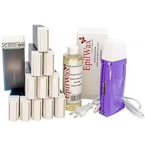 EpilWax Royal Depilatory Kit completo di: Scaldacera professionale, 12 Roll-On di cera da 100 ml di Azulene 100 strisce depilatorie, 1 flacone di olio dopocera da 250 ml - (Royal Azulene Series 12)
