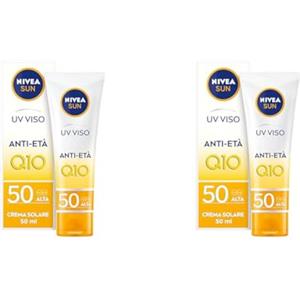NIVEA SUN UV Viso Anti-Età FP 50 in tubetto da 50 ml,Crema viso antirughe con Coenzima Q10, Crema solare viso 50 per uso giornaliero, Crema antimacchia viso con azione anti-età (Confezione da 2)