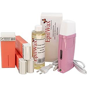 EpilWax Royal Depilatory Kit completo di: Scaldacera professionale, 4 Roll-On di cera da 100 ml di Rosa 100 strisce depilatorie, 1 flacone di olio dopocera da 250 ml - (Royal Rosa Series 4)