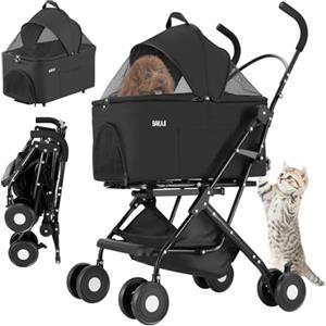 BAKAJI Passeggino per Animali Domestici 2 in 1 Carico Massimo 40kg Pieghevole e Salvaspazio, Capsula Rimovibile, Carrozzina per Cani e Gatti con Trasportino Removibile e Cestello Portaoggetti (Nero)