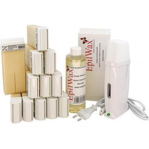 EpilWax Royal Depilatory Kit completo di: Scaldacera professionale, 12 Roll-On di cera da 100 ml di Vaniglia 100 strisce depilatorie, 1 flacone di olio dopocera da 250 ml - (Royal Vaniglia 12)