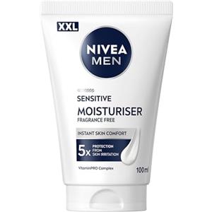 NIVEA MEN Sensitive Crema Idratante XXL 100 ml, Crema viso uomo in maxi formato per 5x protezione dalle irritazioni, Skincare uomo con formula idratante 24h senza profumo per pelli sensibili
