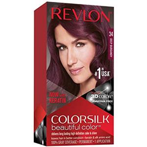 Revlon ColorSilk Colorazione Permanente Capelli Fai-da-te a Casa, senza Ammoniaca e Arricchita con Cheratina, 34 - Borgogna Intenso - 100 g