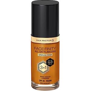 Max Factor Fondotinta Facefinity All Day Flawless - Correttore, Fondotinta liquido e primer viso 3-in-1, Formula vegan, Copertura modulabile, Tenuta fino a 30 ore, SPF20 - W95 Hazelnut, 30 ml