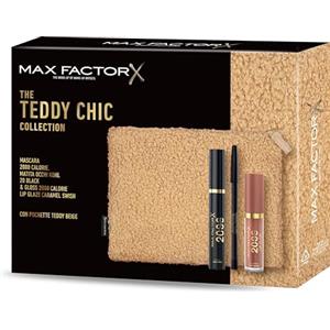 Max Factor, Cofanetto Regalo Donna Teddy Chic, Pochette in morbido tessuto teddy con Mascara 2000 Cal Black + Matita Occhi Khol Kajal 20 Black + Gloss Lip Glaze Caramel Swish