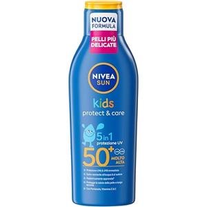 NIVEA SUN Kids Protect & Care SPF 50+ 200 ml, Crema solare 50 bambini 3+ anni per la pelle delicata, Protezione solare 50 bambini extra resistente all'acqua e al sudore con Pantenolo, Vitamina C & E