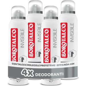Borotalco, Deodorante Spray Invisibile Grigio, con Talco Effetto Barriera, Cattura e Non Trasferisce Aloni, 48h efficacia, Senza Alcool,Profumo Classico - 4 Pezzi da 150 ml - Esclusiva Amazon