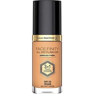 Max Factor Fondotinta Facefinity All Day Flawless - Correttore, Fondotinta liquido e primer viso 3-in-1, Formula vegan, Copertura modulabile, Tenuta fino a 30 ore, SPF20 - N84 Soft Toffee, 30 ml