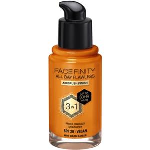 Max Factor Fondotinta Facefinity All Day Flawless - Correttore, Fondotinta liquido e primer viso 3-in-1, Formula vegan, Copertura modulabile, Tenuta fino a 30 ore, SPF20 - W91 Warm Amber, 30 ml