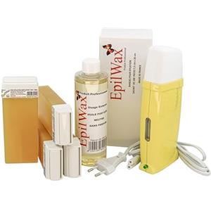 EpilWax Royal Depilatory Kit completo di: Scaldacera professionale, 4 Roll-On di cera da 100 ml di miele 100 strisce depilatorie, 1 flacone di olio dopocera da 250 ml - (Royal miele Series 4)