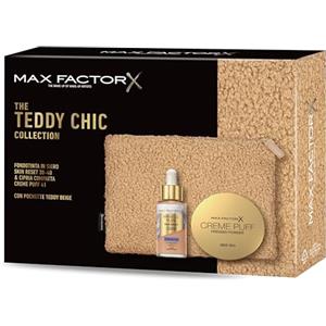Max Factor, Cofanetto Regalo Donna Teddy Chic, Pochette in morbido tessuto teddy con Miracle Pure 2in1 Skin Reset Serum Foundation, 30-40, Fair to Light + Cipria Creme Puff New 41 Medium Beige