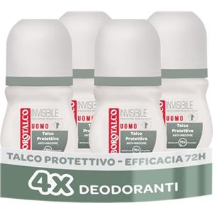 Borotalco, Deodorante Uomo Roll-On Invisibile, con Talco Protettivo, Anti-Macchie, Senza Alcool, Profumo Muschiato, 72h efficacia - 4 Pezzi da 50 ml - Esclusiva Amazon