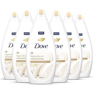 Dove Docciaschiuma Seta Preziosa, Formula con Idratante Dermo-Naturale, con 1/4 di Crema Idratante, Dermatologicamente Testato, Bagnoschiuma Uomo e Donna, 100% Bottiglia Riciclata* 6 Pezzi x 750 ml