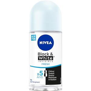 NIVEA Black & White Invisible Fresh Roll-on 6 x 50 ml, Deodorante donna per una freschezza 72h, Deodorante roll on antitraspirante per odori, sudore, residui, irritazioni e macchie su tessuti