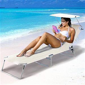 BAKAJI Lettino Prendisole con Tettuccio Parasole Sdraio Pieghevole Salvaspazio, Schienale Regolabile, Struttura in Alluminio e Tessuto in Textilene per Mare Spiaggia Piscina Relax (Beige)