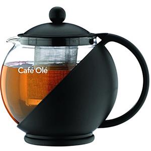 Café Olé Grunwerg Café Ole Loose Leaf Everyday Round Tea Pot Infuser Basket Teiera in Vetro, Nero, 1.20 Litri, 1200ml / 1.2
