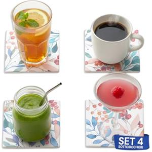 Avilia Set di 4 Sottobicchieri per Cucina e Bar con Decorazione Floreale - Sottobicchieri per Calici e Bicchieri in Vetro per Protezione delle Superfici, in Ceramica, 10x10cm