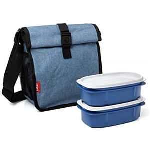 TATAY Borsa Termica Porta Pranzo Impermeabile - Urban Food Arrotolabile 4,2L | 2 Contenitori 0,5L | Triplo Strato Isolante | Corpo Semirigido | Tasche Laterali | 22x11x22,5 cm, Blu Denim