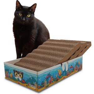 Croci Acquario - Tiragraffi per gatti adulti in cartone 6 in 1, con 3 pannelli graffiabili a doppio strato riversibile, piedini antiscivolo, busta di erba gatta inclusa, 44x28x10 cm