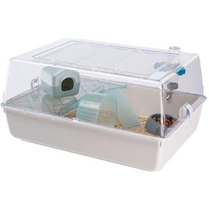 FERPLAST Gabbia Roditori MINI DUNA HAMSTER per Criceti, Topolini, in Plastica, Accessori inclusi: Mangiatoia, Beverino, Ripiano, Casetta, Scaletta, Ruota. 55x39xh27cm