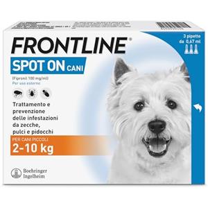 FRONTLINE Spot On, 3 Pipette, Cane Taglia S, 2-10 Kg, Antiparassitario per Cani e Cuccioli di Lunga Durata, Protegge da Zecche, Pulci e Pidocchi, Antipulci in Confezione da 3 Pipette