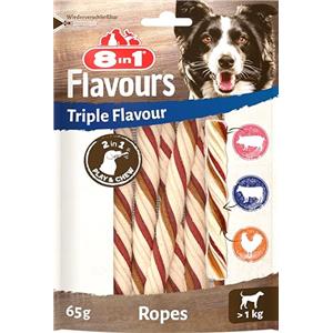 8in1 Triple Flavour Ropes Bastoncini da masticare per cani - Snack da masticare per giocare e masticare con manzo, maiale e pollo, busta da 65 g ca. 6 pezzi