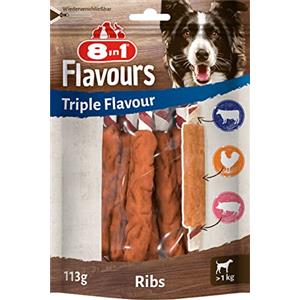 8in1 Triple Flavour Costolette, per cani di tutte le taglie, di pelle suina e bovina masticabile & petto di pollo, 5 pz.