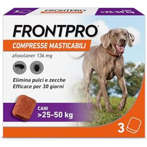 FRONTPRO 3 Compresse Masticabili Antiparassitario per Cani di Peso > 25-50 kg Protegge da Pulci e Zecche, Antipulci in Confezione da 3 Compresse da 136 mg di Afoxolaner, 25kg-50kg