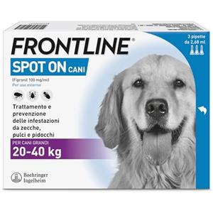 FRONTLINE Spot On, 3 Pipette, Cane Taglia L, 20-40 Kg, Antiparassitario per Cani e Cuccioli di Lunga Durata, Protegge da Zecche, Pulci e Pidocchi, Antipulci in Confezione da 3 Pipette