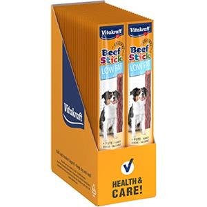 Vitakraft Beef Stick Low Fat, snack cane, bastoncino di carne di tacchino, snack per l'addestramento del cane, per cani con problemi di peso, senza zuccheri aggiunti (50x 12g)