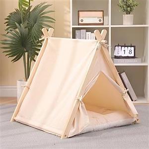 BAKAJI Tenda per Animali Domestici, Cuccia per Cani e Gatti con Telaio in Legno Resistente e Copertura in Tela Traspirante, Casetta Comoda e Facile da Montare, Ideale per Interni ed Esterni (Beige)