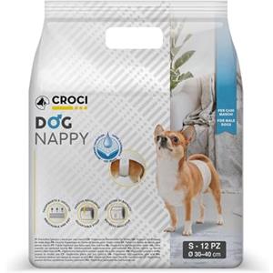 Croci Dog Nappy - Fascia Assorbente per cani maschi, taglia S - Ø 30-40 cm, Mutanda pannolino igienico pipi cane, Antiodore, Usa e getta, Chiusura adesiva regolabile, 12 pz