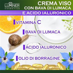 Luminer Crema Viso Bava di Lumaca 150ml, Crema Viso Antirughe Idratante con Bava di Lumaca al 70% e Acido Ialuronico Puro, Formula Naturale ad Azione Antimacchia e Antietà con Vitamina C LUMINER