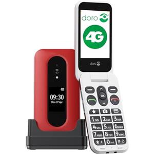 Doro - Leva L30 - Téléphone Portable Senior - Téléphone À Clapet 4G Débloqué - Écran Externe - Son HD - Appareil Photo -Touche d'Assistance avec GPS - Socle Chargeur Inclus - Rouge/Blanc
