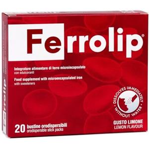 Ferrolip Integratore Ferro (20 Bustine Orosolubili al Limone) - Senza Fastidi Gastrointestinali - Privo di Sapore Metallico - Vegan e Senza Glutine