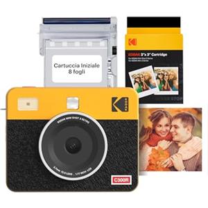 KODAK Mini Shot 3 Retro 4PASS 2-in-1 Fotocamera Istantanea & Stampante Fotografica (7,6x7,6cm) + 8 Fogli Inclusi + Pacchetto con 60 Fogli, Giallo