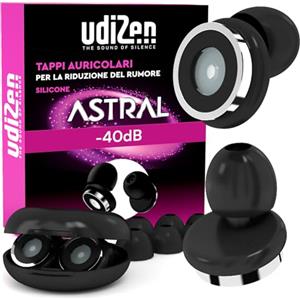 Udivita Tappi per Orecchie Antirumore Insonorizzanti per Viaggiare Dormire Studiare -40dB UdiZen Astral - 1 Paio Inserti Auricolari Riutilizzabili Ergonomici SNR 40dB Riduzione Rumore Colore Nero con Custodia
