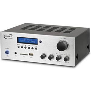 Dynavox VT-80 MK amplificatore stereo compatto, 4 terminali di altoparlanti a vite, telecomando per ingressi digitali (USB, scheda SD), antenna BT integrata e radio FM, argento