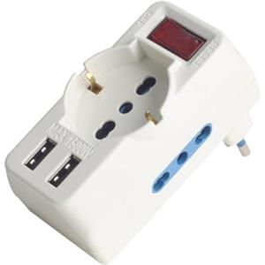 A2ZWORLD Adattatore Multiprese 5 In 1, 2 Porte USB + 2 Prese Bipasso 10A/16A + 1 Presa Schuko Universale, Interruttore, Spina Piccola 10A a 90° Salvaspazio (1 Pezzo, 2 Porte USB A)