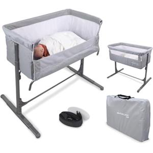 Mobiclinic® kids, Culla da affiancare, 2 in 1, Moon, Cinghie di fissaggio al letto, Regolabile 5 altezze, Borsa trasporto, Ruote, Rete traspirante, Angolo, Base imbottita