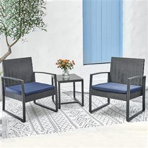 Shally Dogan Set 3 Pezzi da Giardino in Polyrattan con 2 Sedie e 1 Tavolino, Poltroncine da Esterno con Cuscini Imbottiti, Poltrone e Tavolo Lounge Ideale Patio, Terrazzo, Bistrot (Nero e Blu)